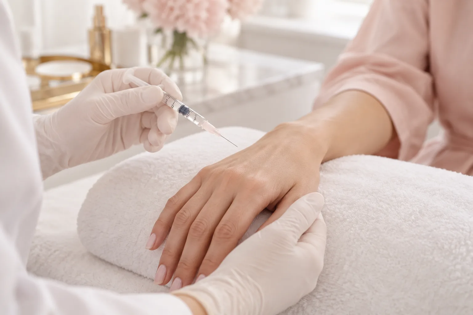 Illustrative treatment photography: A hand resting on a towel beneath a fine mesotherapy syringe