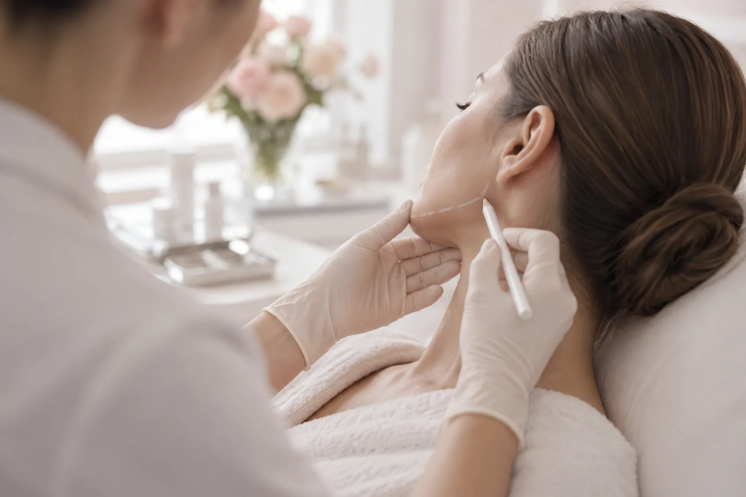 Illustrative treatment photography: A practitioner marking the jawline with a skin pencil before mesotherapy