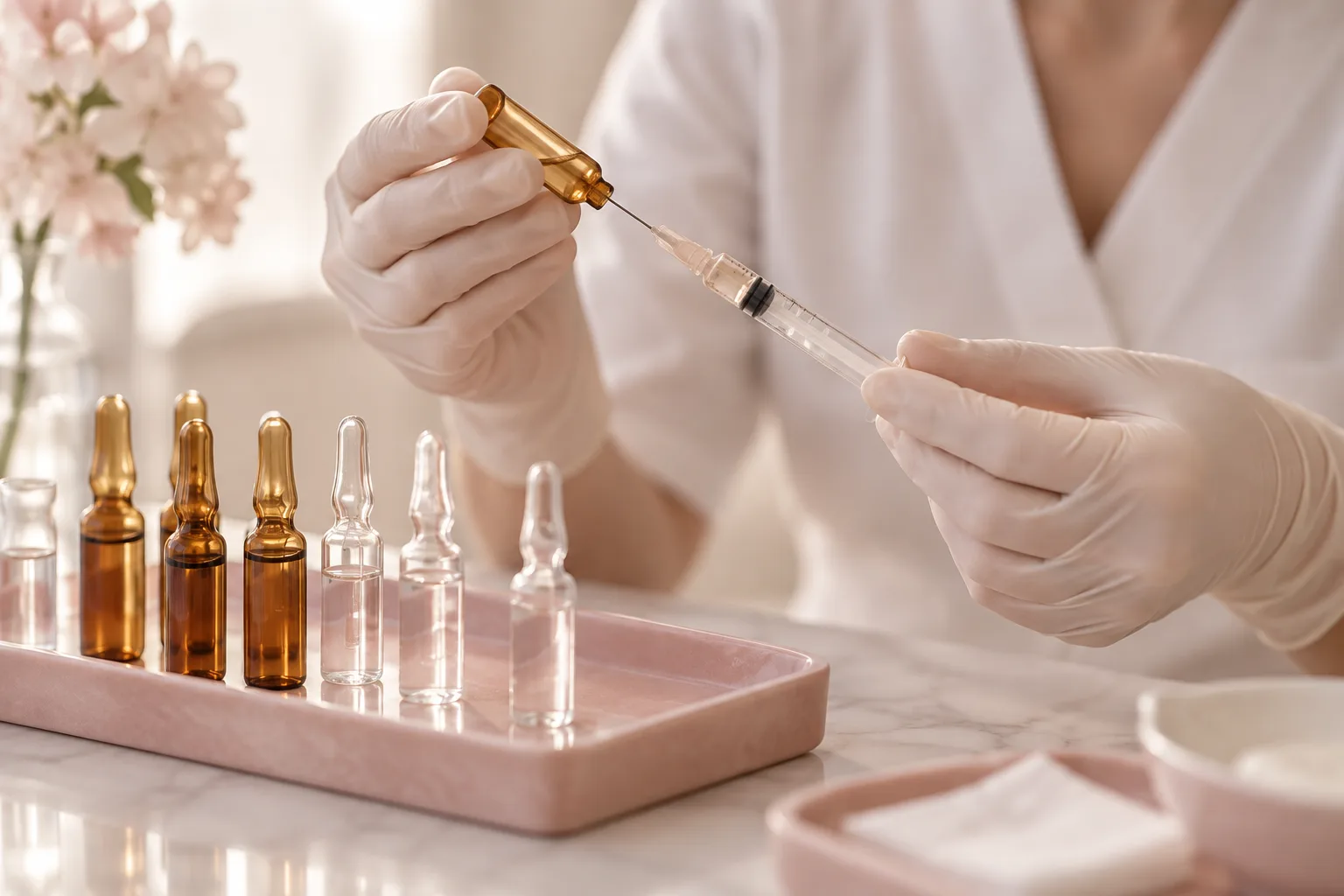 Illustrative treatment photography: A mesotherapy ampoule being drawn into a fine syringe