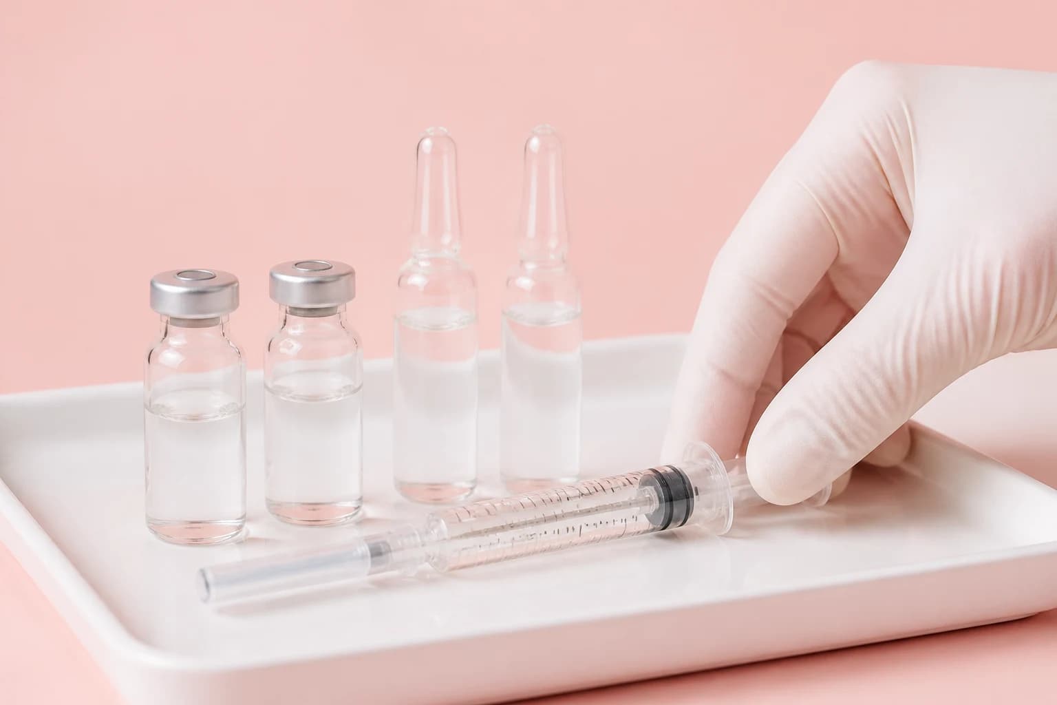 Illustrative treatment photography: Mesotherapy ampoules and superficial injection equipment