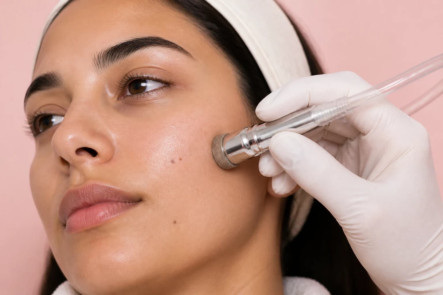 Illustrative treatment photography: Diamond-tip microdermabrasion handpiece at the cheek
