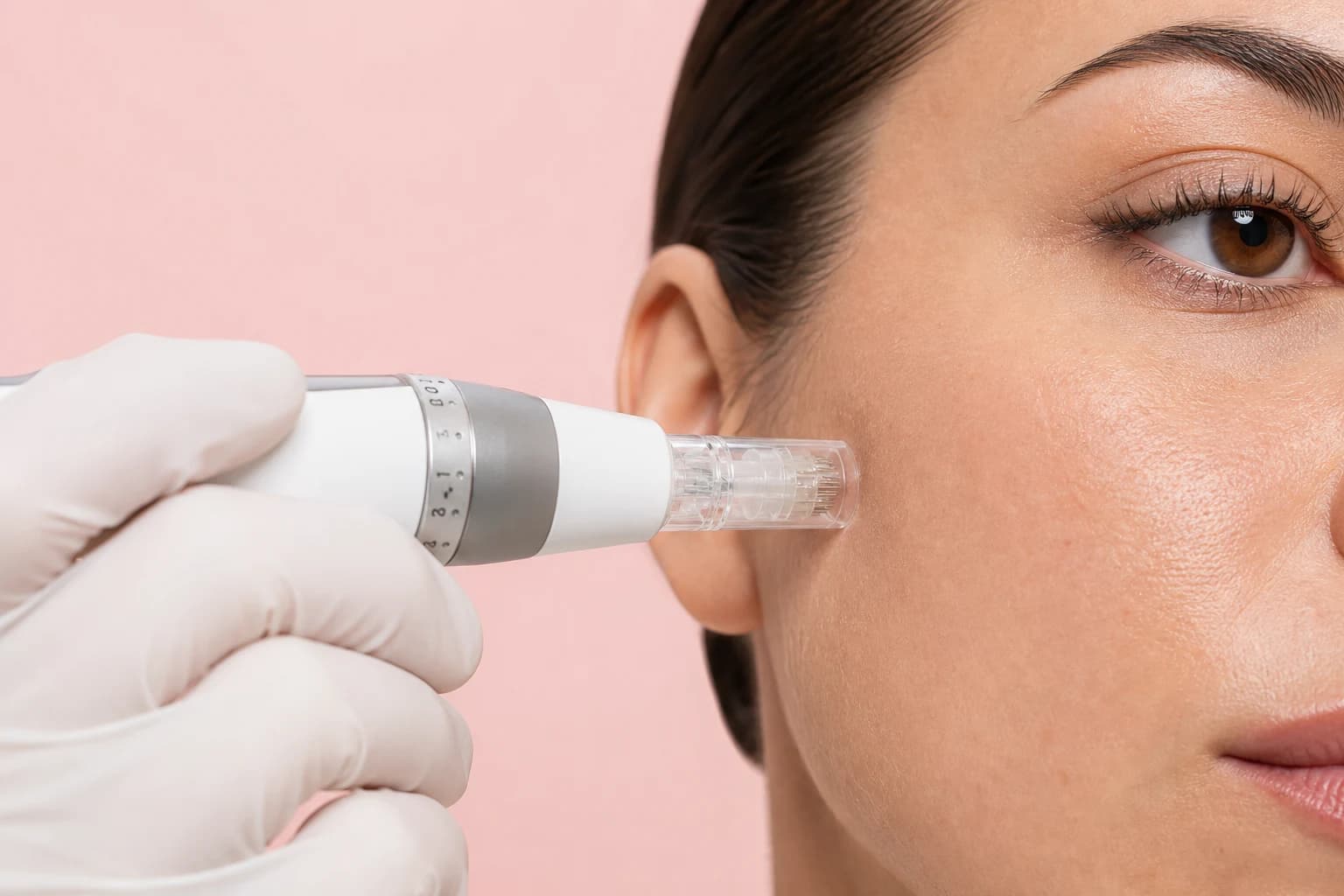 Illustrative treatment photography: Microneedling pen with a sterile cartridge during a facial procedure