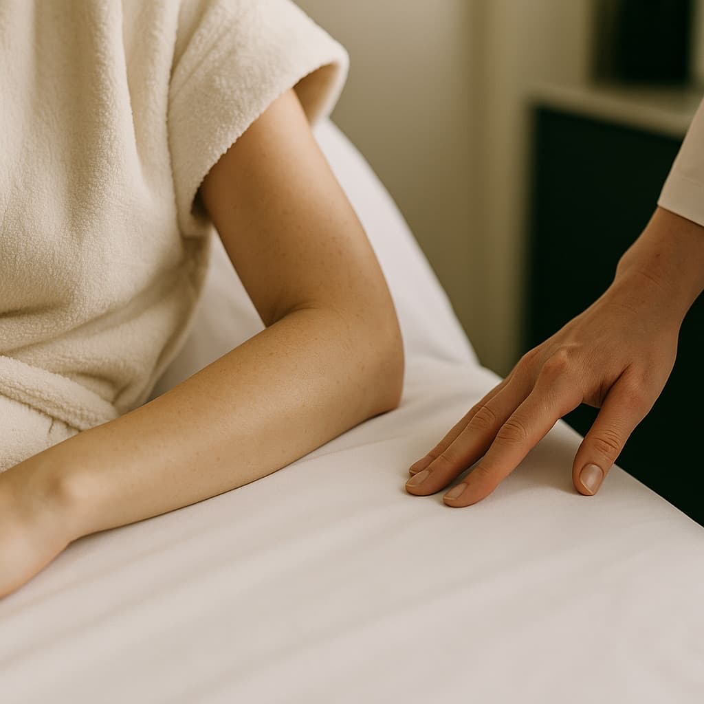 A client resting on a treatment couch while a practitioner works on the forearm