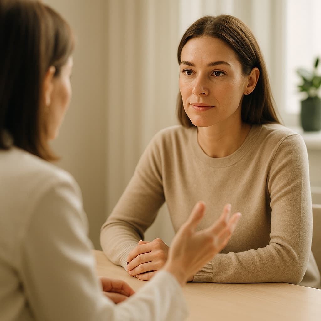 A practitioner assessing a client's skin during a consultation