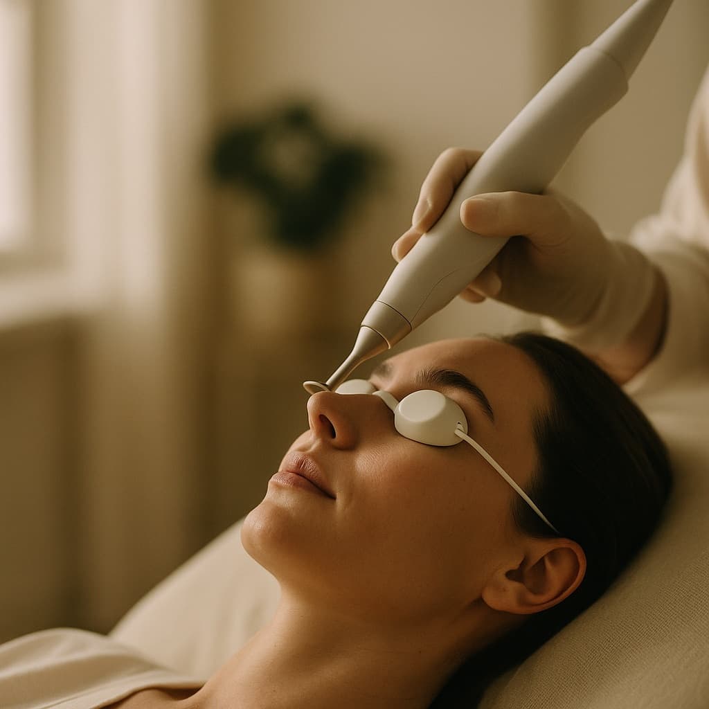 A laser handpiece held above a client wearing protective eye shields