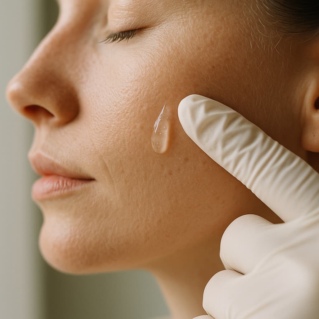 A serum being applied along the cheek during a clinical facial